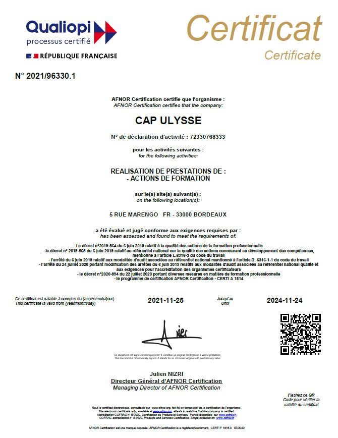 It’s official : Cap Ulysse is now accreditated by the French quality Label QUALIOPI